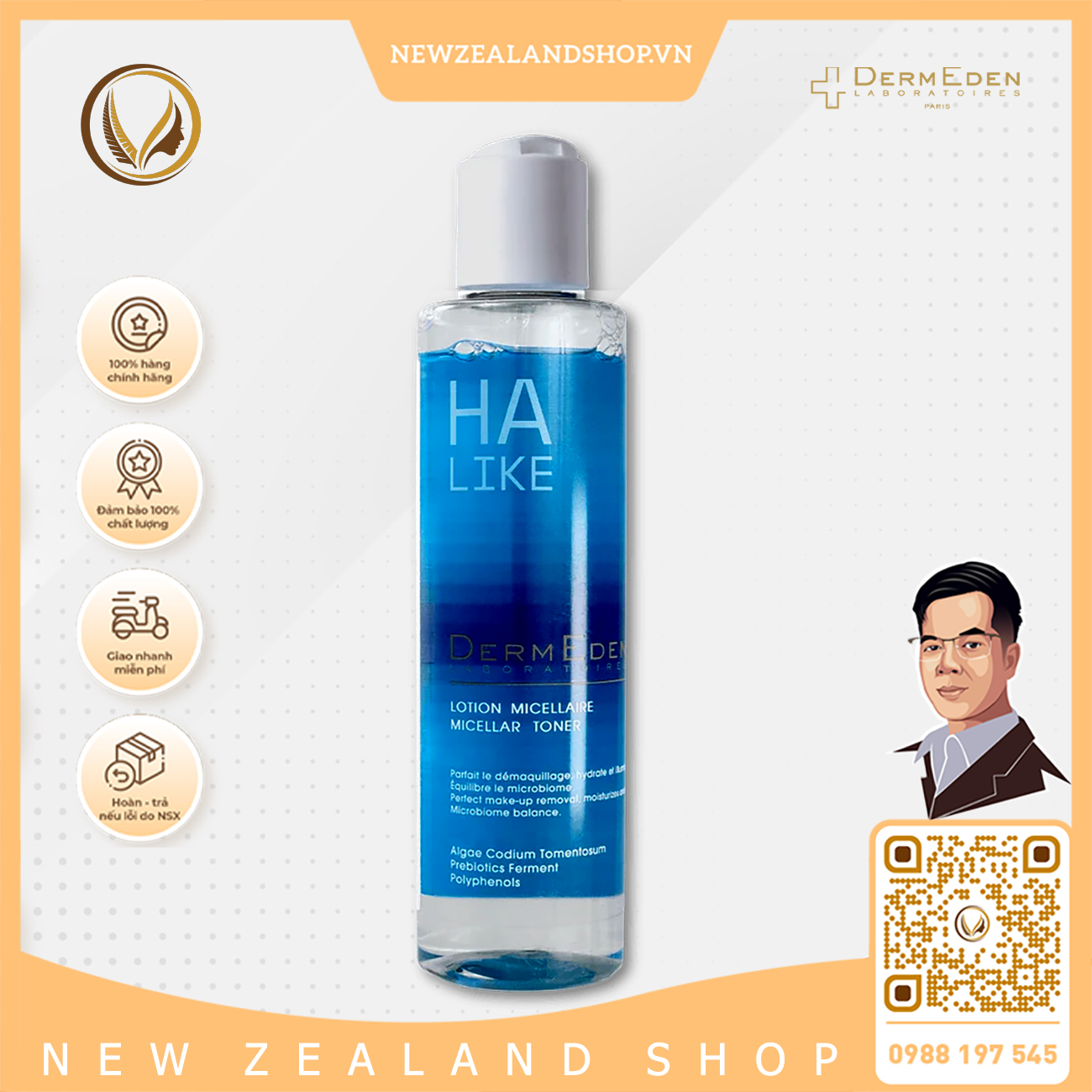 Nước hoa hồng 2 trong 1 DermEden HA-Like Micellar Toner 200ml
