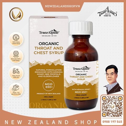 Siro giảm ho, đau họng MGO650+ TranzAlpine Organic Throat And Chest Syrup 100ml