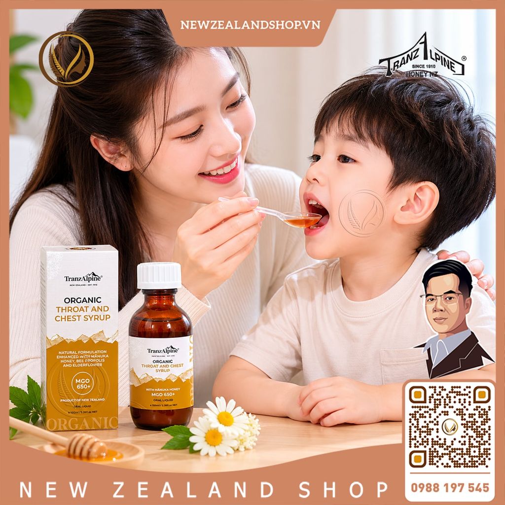 Siro giảm ho, đau họng MGO650+ TranzAlpine Organic Throat And Chest Syrup 100ml