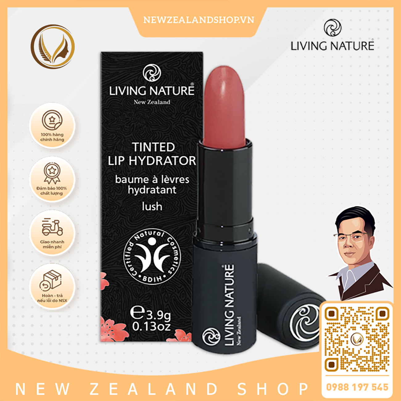 Son dưỡng môi màu hồng ánh đỏ Living Nature Tinted Lip Hydrator Lush 14 (3.9g)