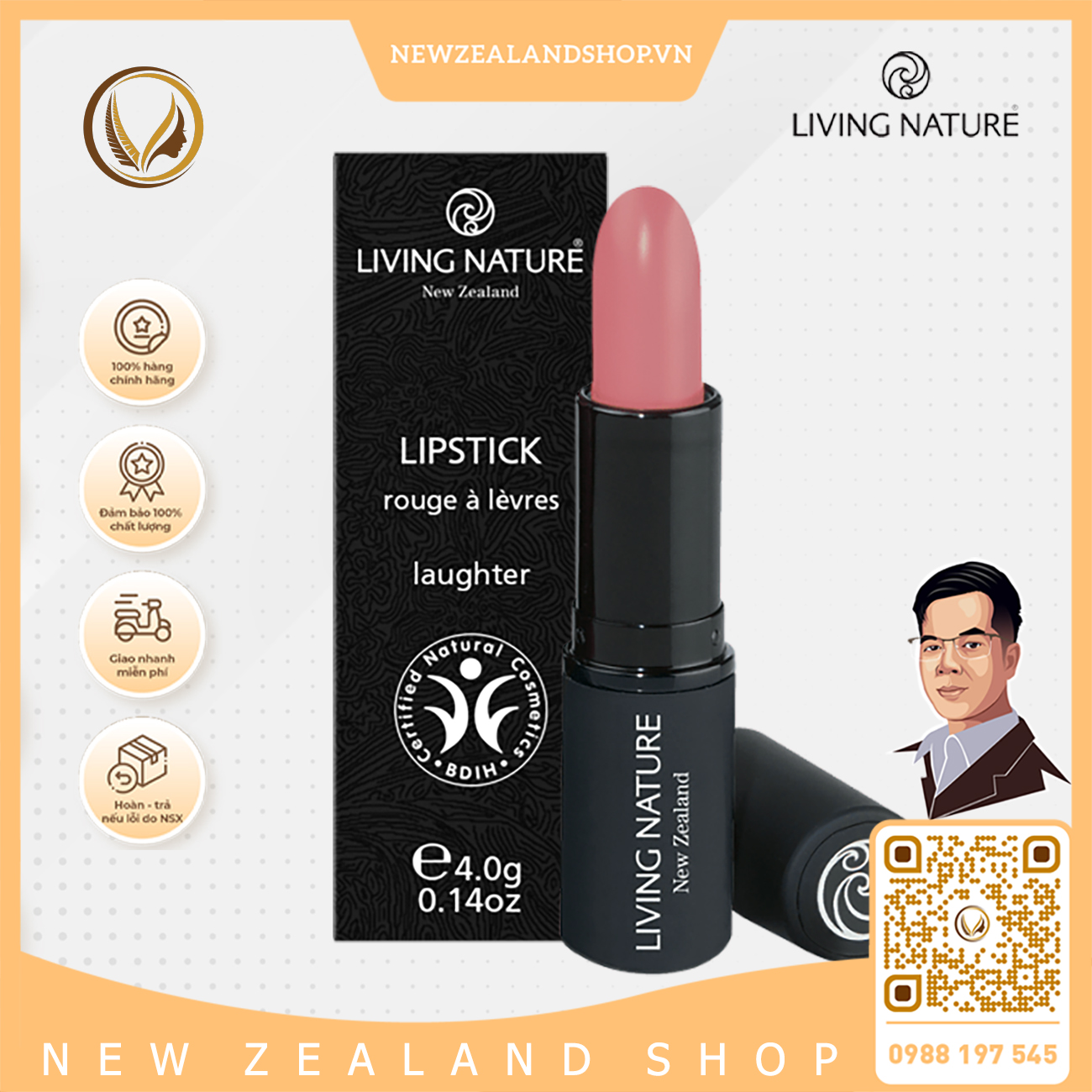 Son môi màu hồng 100% tự nhiên Living Nature Lipstick Laughter 05 (4.0g)