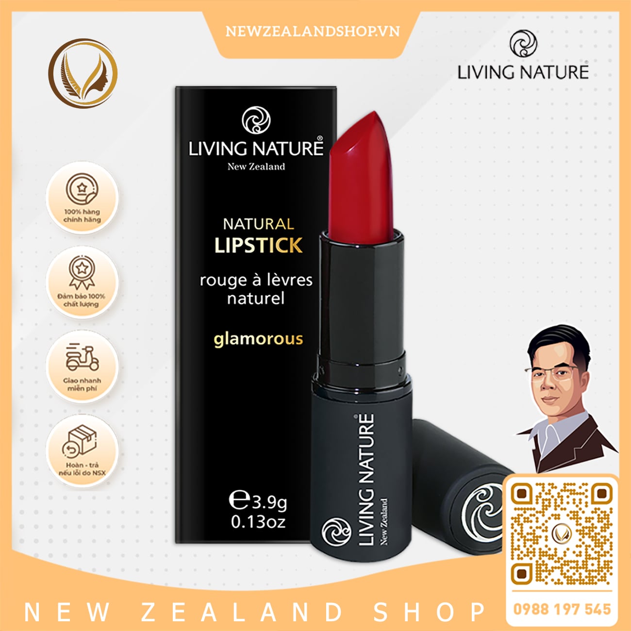 Son môi màu đỏ thuần 100% tự nhiên Living Nature Lipstick Glamorous 16 (3.9g)