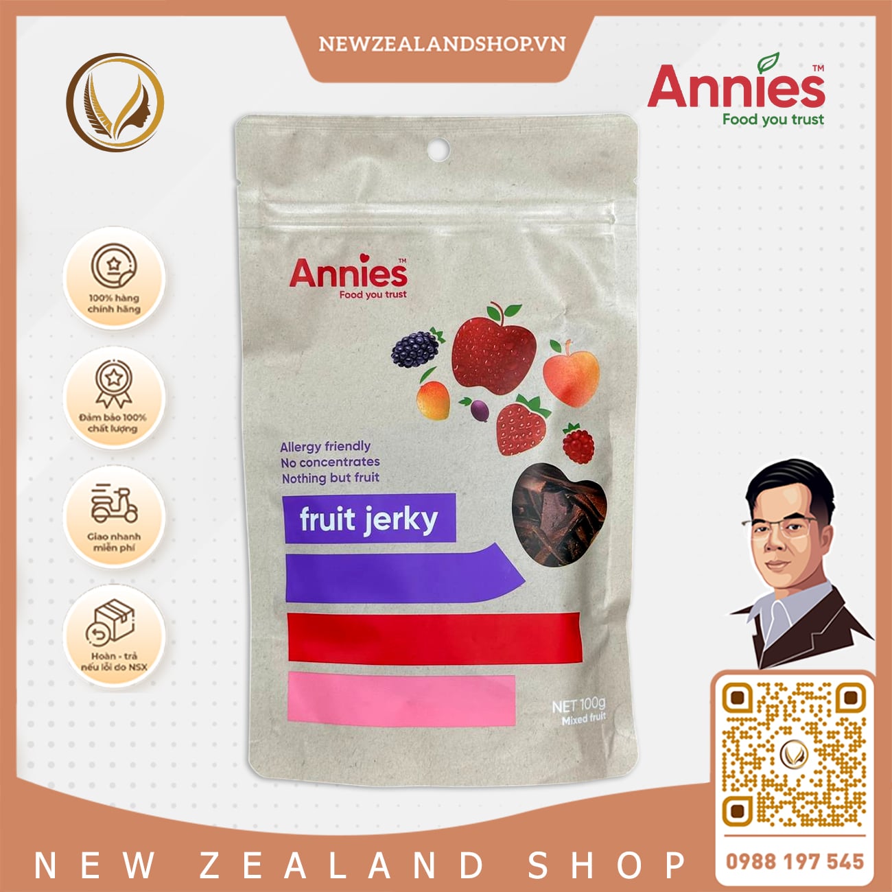 Miếng trái cây sấy dẻo hỗn hợp Annie’s Fruit Jerky 100g - New Zealand