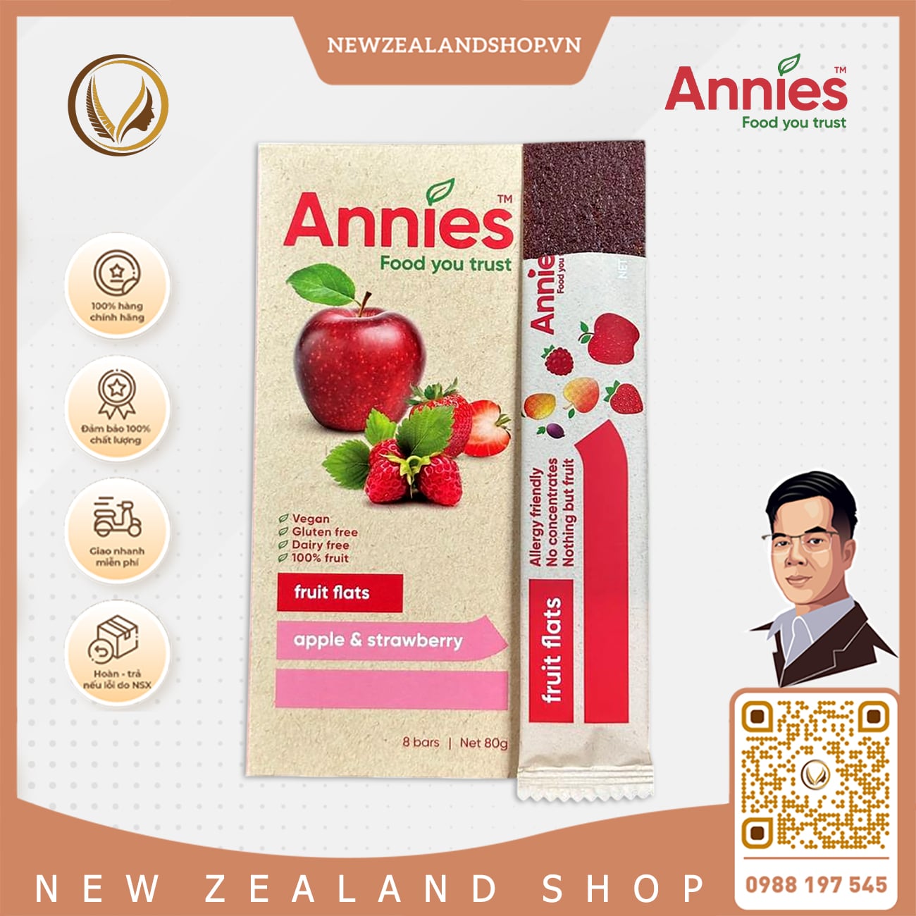 Thanh trái cây sấy dẻo táo & dâu tây Annie’s Apple & Strawberry Fruit Flats 8 thanh x 10g
