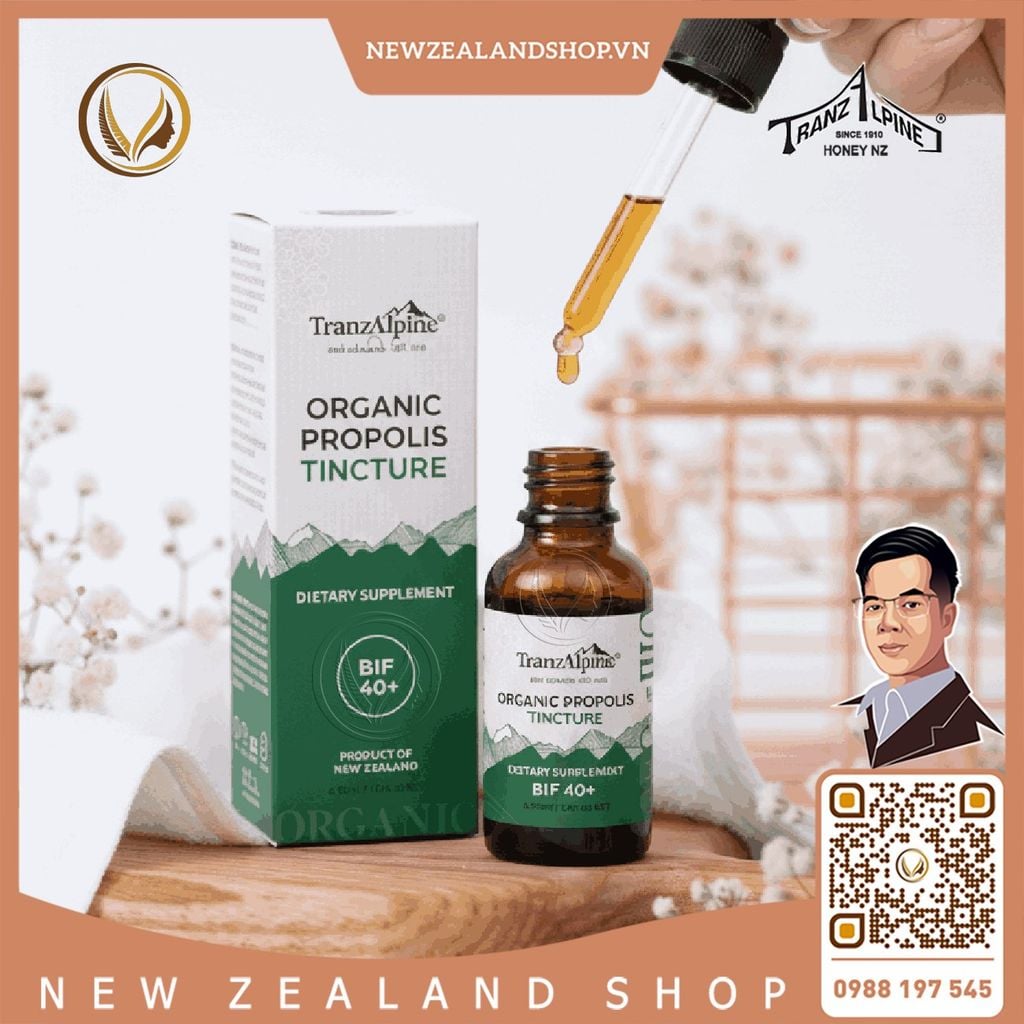 Tinh chất keo ong hữu cơ New Zealand TranzAlpine Organic Propolis Tincture (BIF 40+) 30ml