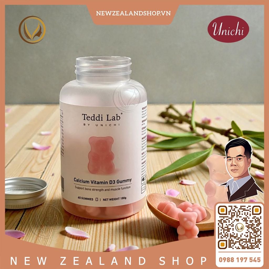 Kẹo dẻo bổ sung Canxi Vitamin D3 giúp xương chắc khỏe Unichi Teddi Lab Calcium Vitamin D3 Gummy 60 viên