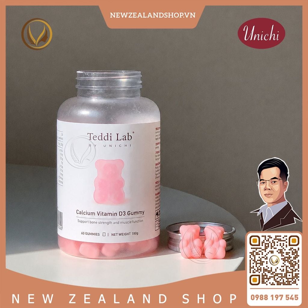 Kẹo dẻo bổ sung Canxi Vitamin D3 giúp xương chắc khỏe Unichi Teddi Lab Calcium Vitamin D3 Gummy 60 viên