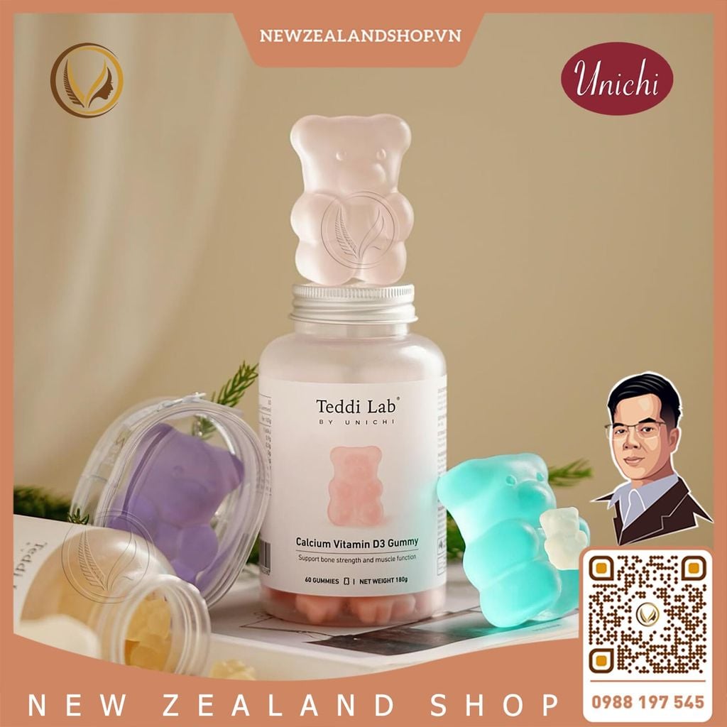 Kẹo dẻo bổ sung Canxi Vitamin D3 giúp xương chắc khỏe Unichi Teddi Lab Calcium Vitamin D3 Gummy 60 viên