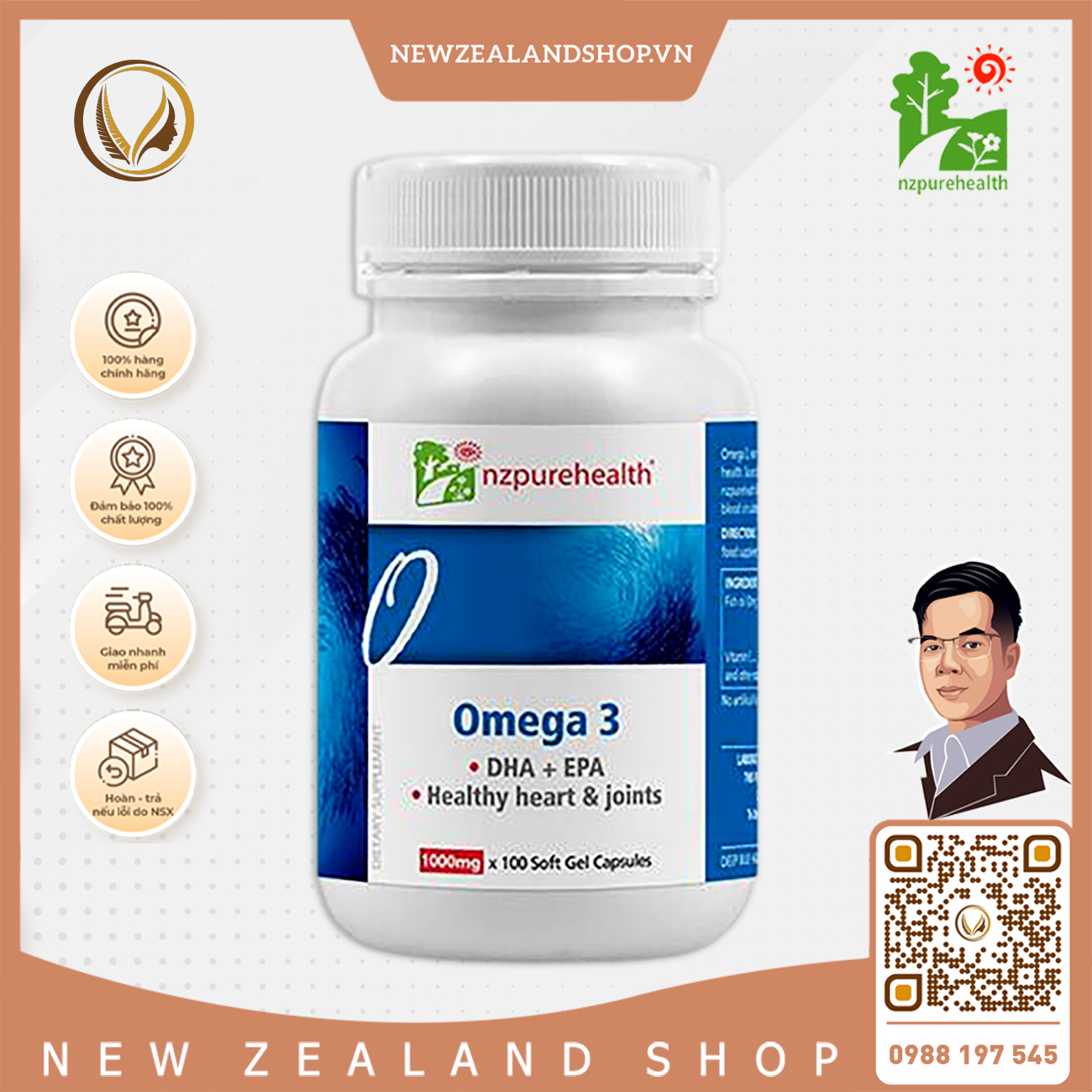 Viên uống dầu cá Omega 3 NZ Pure Health Omega 3 EPA + DHA 100 viên