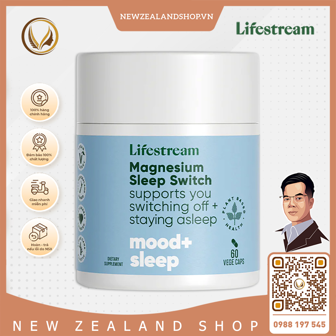Viên uống hỗ trợ giấc ngủ ngon, giảm căng thẳng Lifestream Magnesium Sleep Switch 60 viên