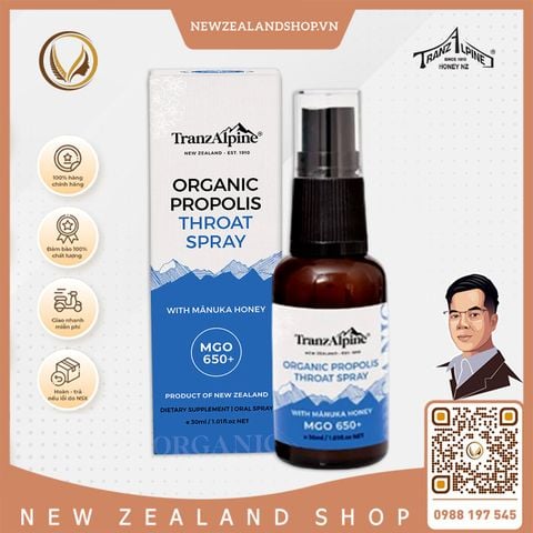 Xịt họng keo ong Manuka MGO650+ TranzAlpine Organic Propolis Throat Spray 30ml