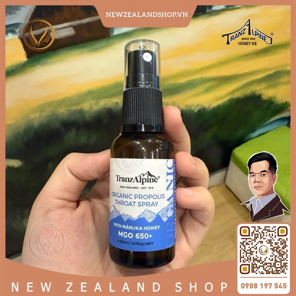 Xịt họng keo ong Manuka MGO650+ TranzAlpine Organic Propolis Throat Spray 30ml