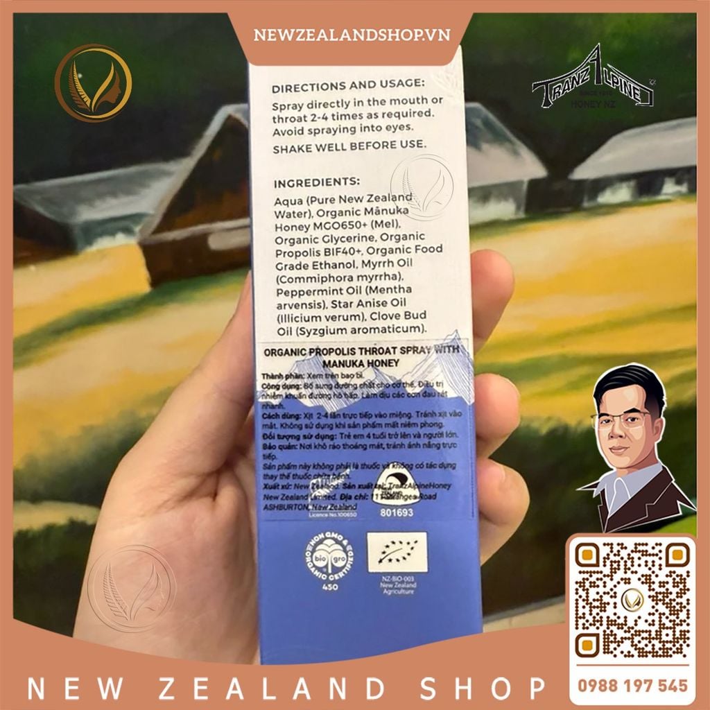 Xịt họng keo ong Manuka MGO650+ TranzAlpine Organic Propolis Throat Spray 30ml