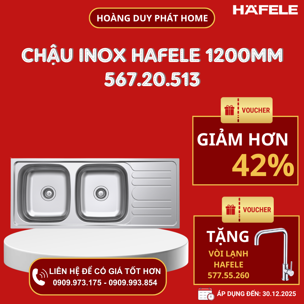 Chậu rửa chén Hafele 1200mm HS20-SSD2R90 567.20.513