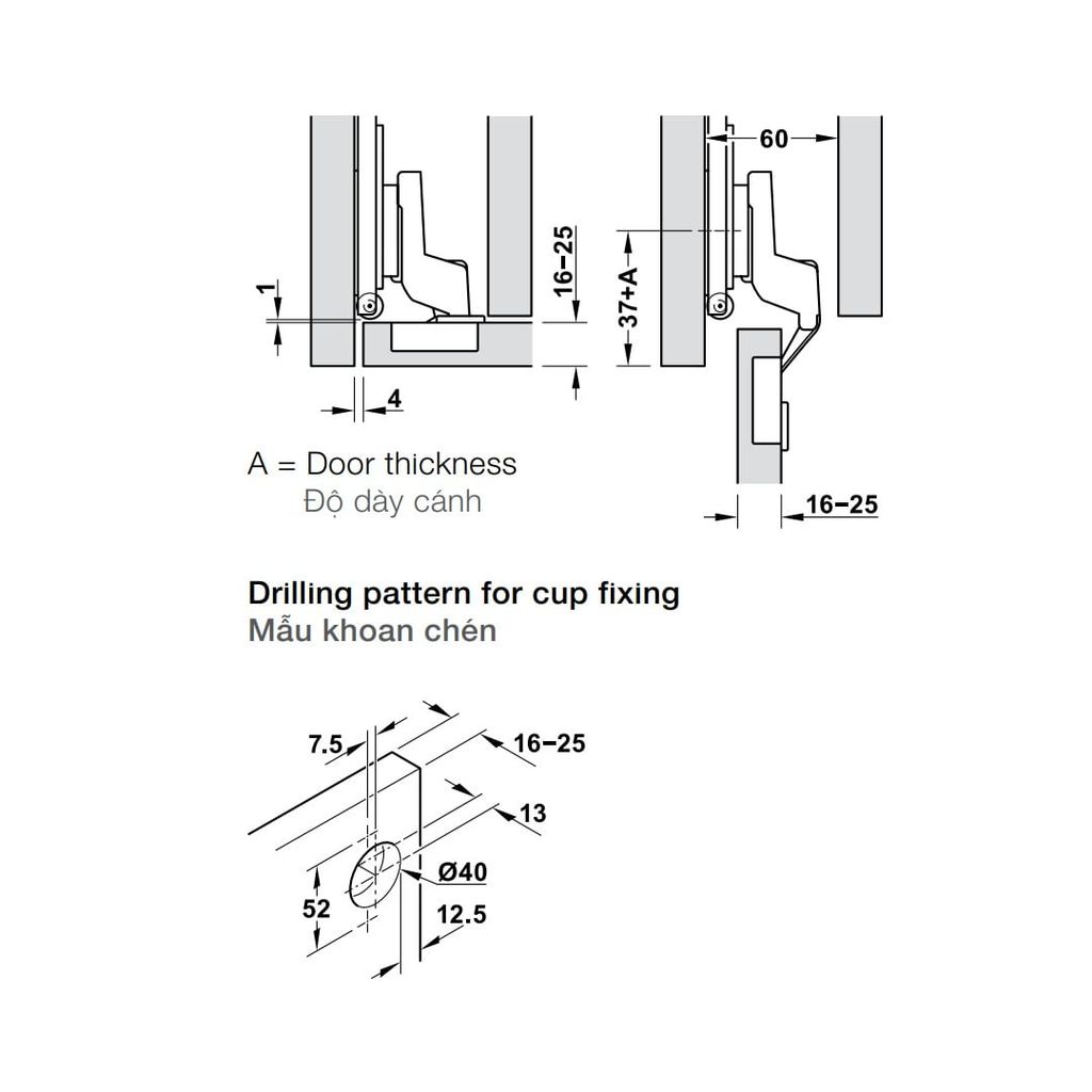 Bản lề có giảm chấn, Lắp lọt lòng, dùng cho Hafele Slido F-Park71 16B / 25B, độ dày cánh cửa 16-25mm, màu Mạ niken 408.00.400