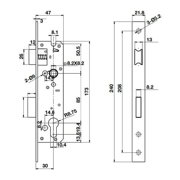 Thân khóa cho cửa đố nhỏ Hafele 911.77.263