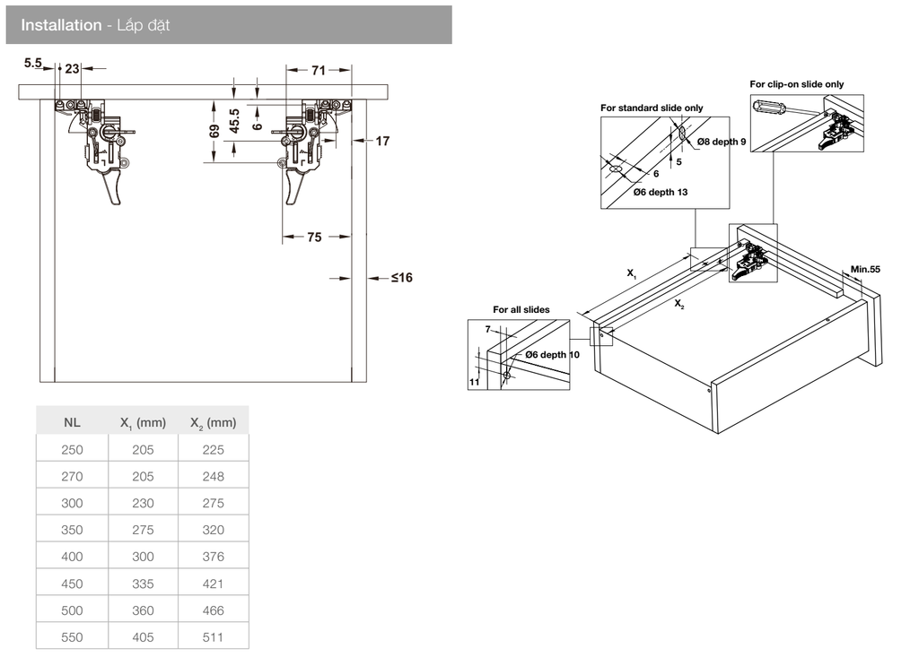 Ray âm nhấn mở Hafele 270mm 433.32.170