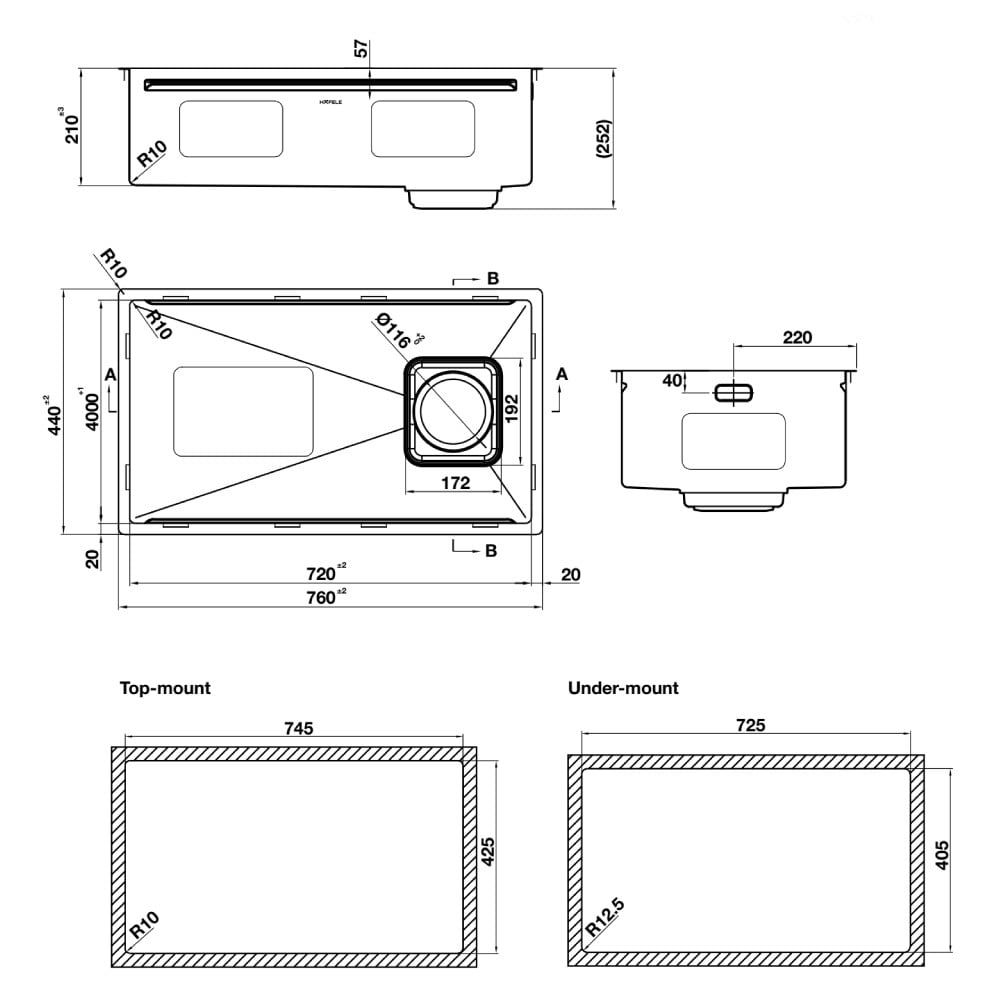 Chậu inox Hafele 760mm HS26-SSN1S-7644 567.24.400
