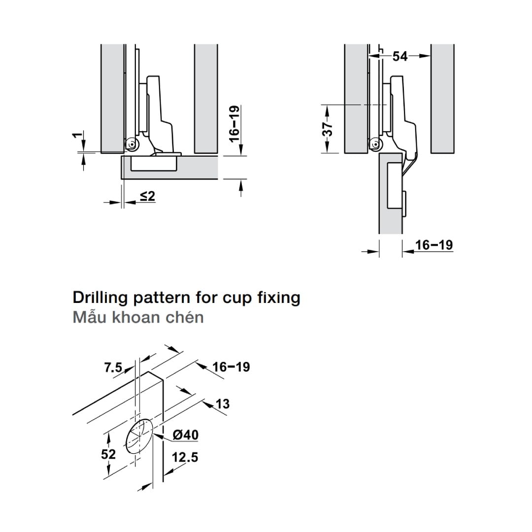 Bản lề cánh tủ, Lắp trùm ngoài, dùng cho Hafele Slido F-Park71 16B/25B, độ dày cánh cửa 16-19mm