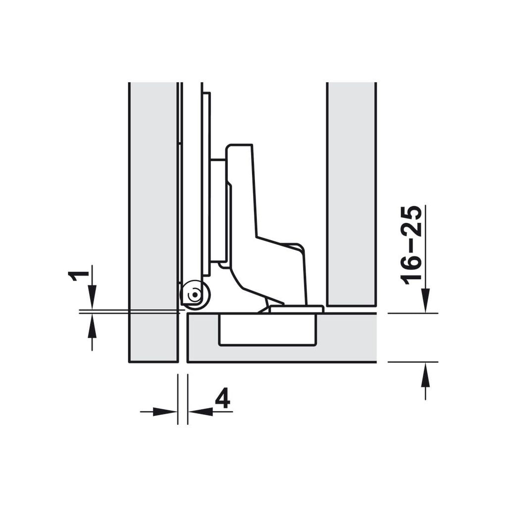Bản lề có giảm chấn, Lắp lọt lòng, dùng cho Hafele Slido F-Park71 16B / 25B, độ dày cánh cửa 16-25mm, màu đen 408.00.404