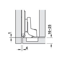 Bản lề có giảm chấn, Lắp lọt lòng, dùng cho Hafele Slido F-Park71 16B / 25B, độ dày cánh cửa 16-25mm, màu đen 408.00.404