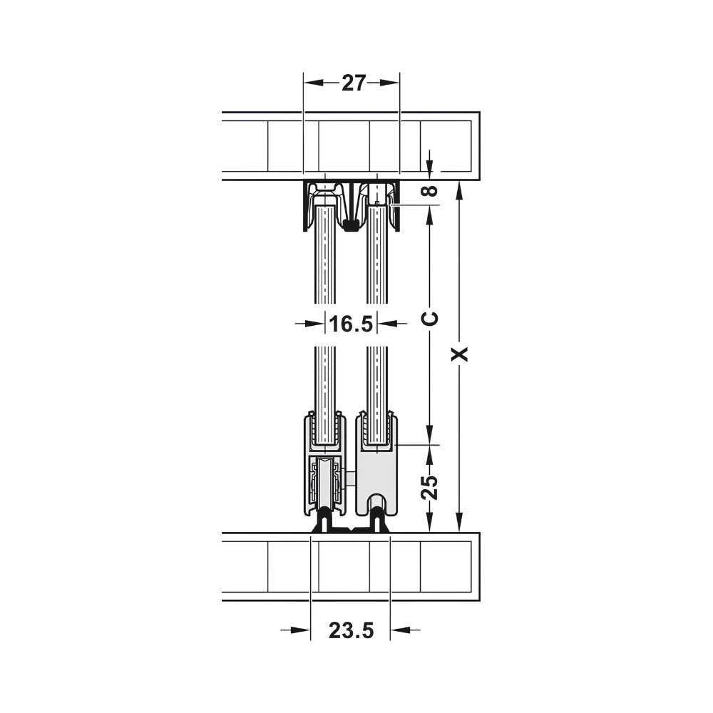 Bánh xe trượt, Häfele Slido F-Line14 25A, lọt lòng, trượt vào và siết chặt 415.13.103