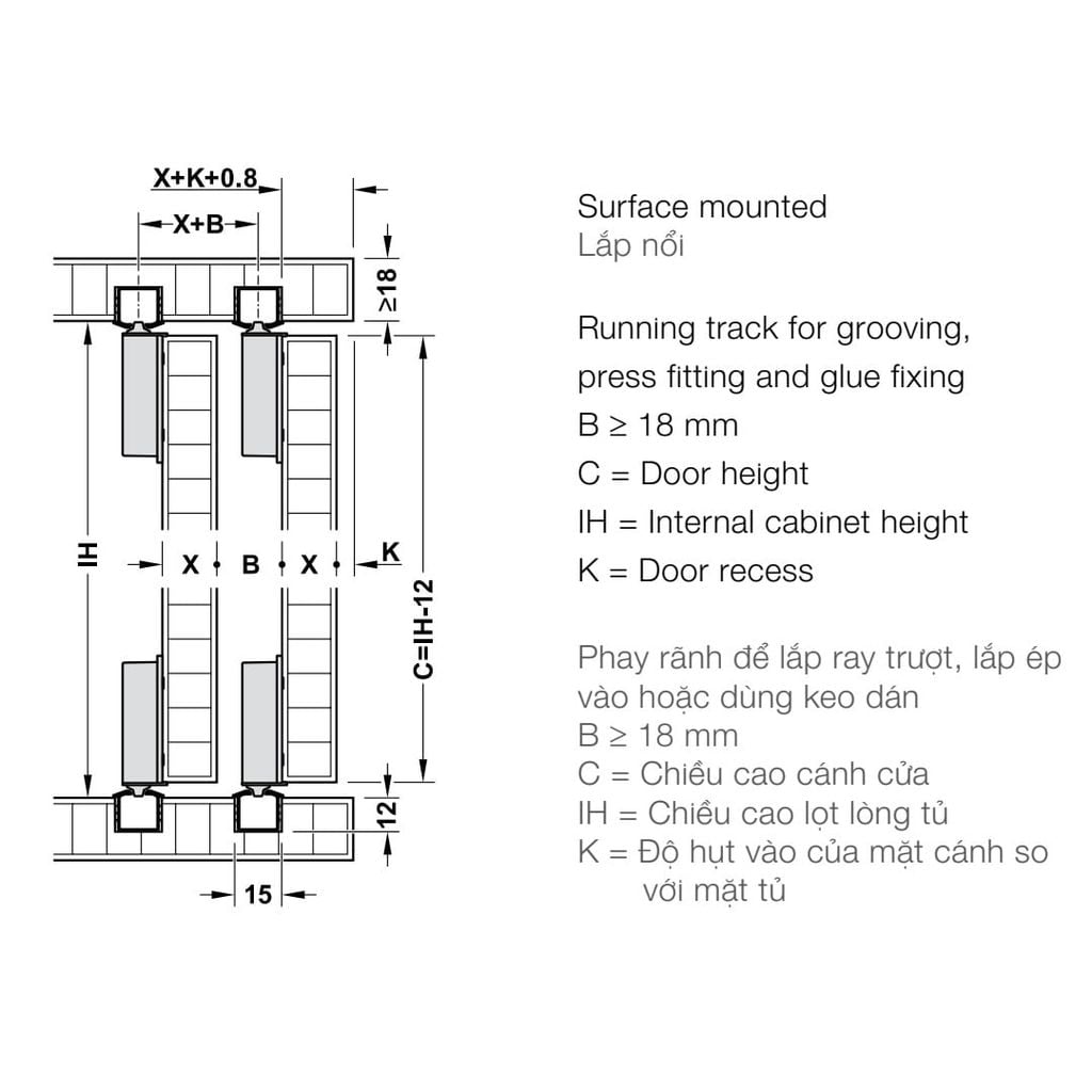 Bộ phụ kiện cửa lùa Hafele 2 cánh Hafele ≤50kg 401.30.019