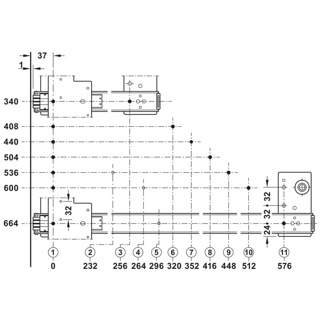 Phụ kiện cửa trượt xếp giấu cánh Hafele SLIDO F-PARK71 25B ,ray dài 504mm 408.25.003
