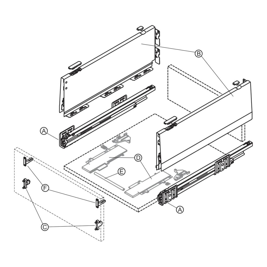 Ray hộp Hafele Matrix Box P Plus, chiều cao thành hộc 180mm Màu Xám Kim Loại 70kg 513.67.325