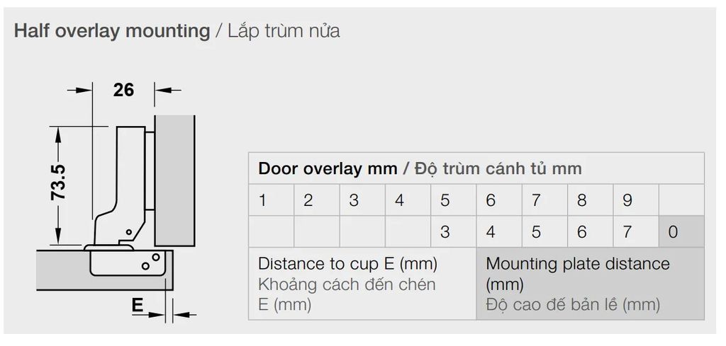 Bản lề giảm chấn DIY Hafele – Trùm nửa - Đế lắp nhấn 493.03.022