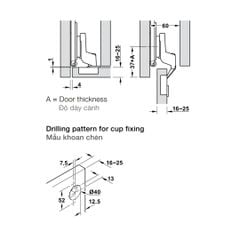 Bản lề Lắp lọt lòng, dùng cho Hafele Slido F-Park71 16B / 25B, độ dày cánh cửa 16-25mm, màu đen 408.00.405