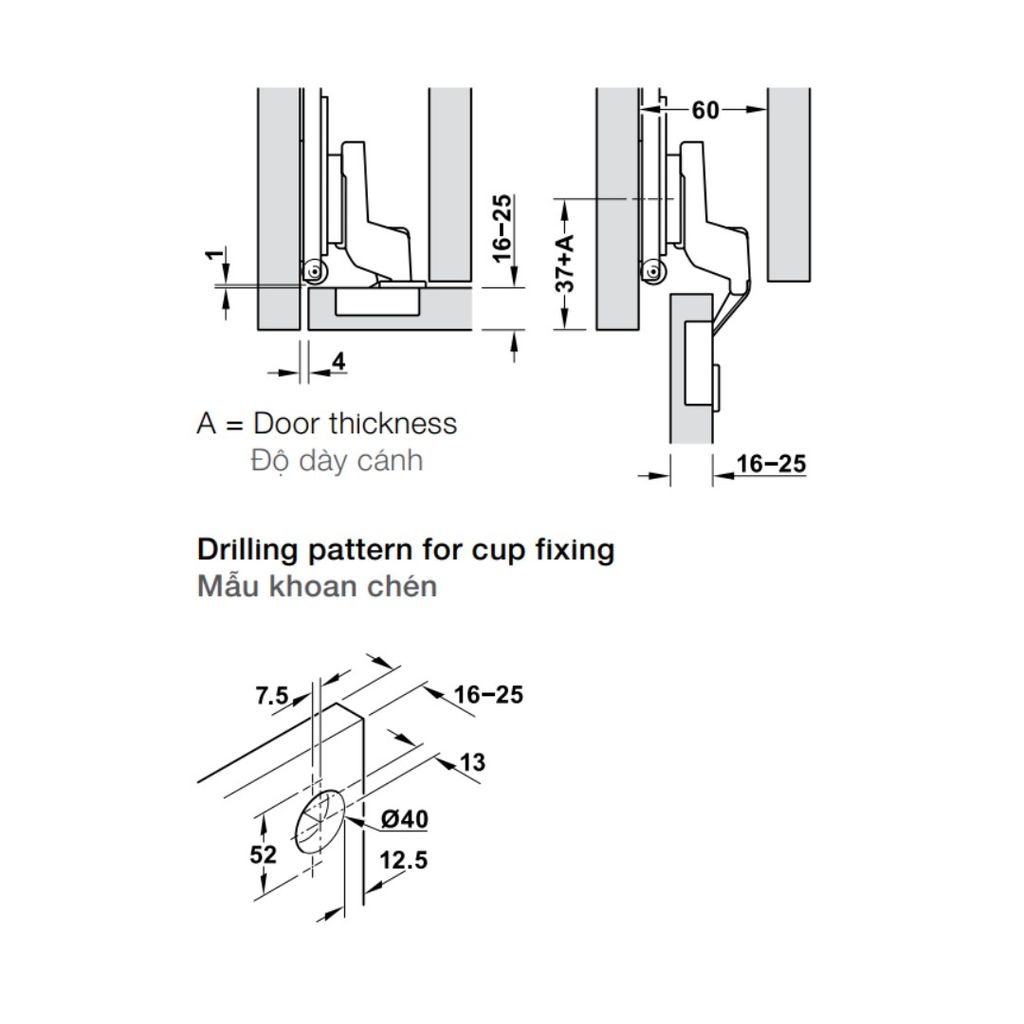 Bản lề có giảm chấn, Lắp lọt lòng, dùng cho Hafele Slido F-Park71 16B / 25B, độ dày cánh cửa 16-25mm, màu đen 408.00.404