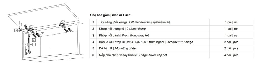 Bộ tay nâng Blum AVENTOS HK-XS tích hợp giảm chấn (một cánh tay)