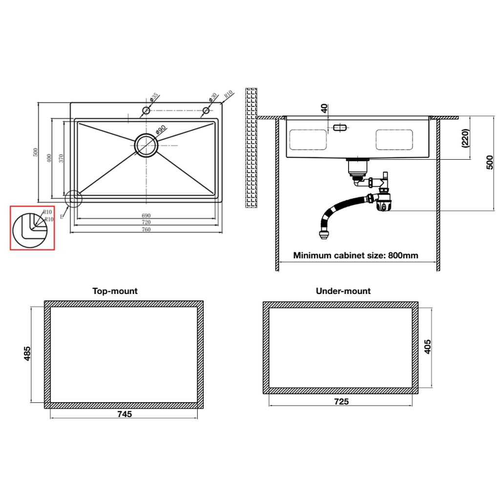 Chậu Inox Hafele 760mm HS24-SSN1S-7650 567.20.627