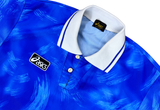 Vintage 90s Asics Patterned Polo Soccer Jersey Blue 