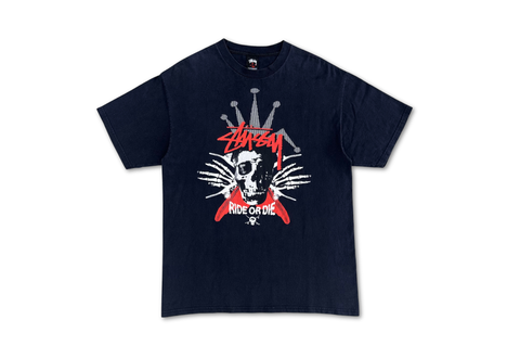  Vintage 90s Stussy Ride or Die Shull Corossbones Tee Black 