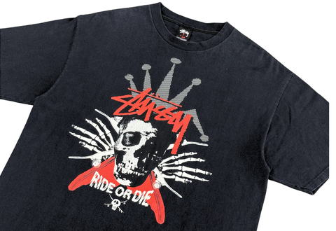  Vintage 90s Stussy Ride or Die Shull Corossbones Tee Black 