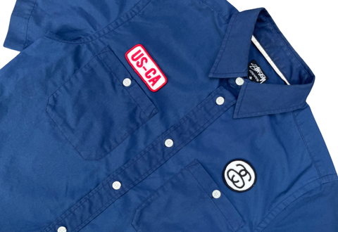  Vintage 90s Stussy Short Sleeve Work Shirt Navy 