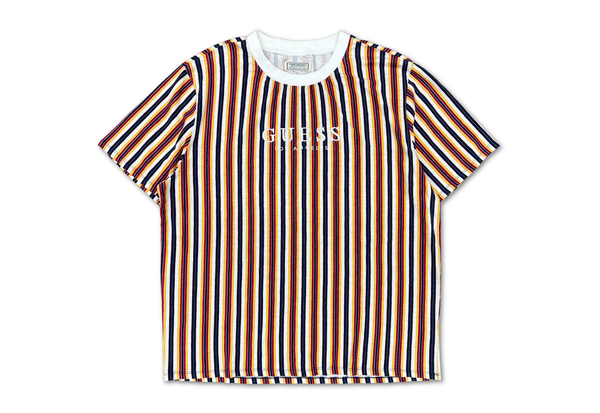  Vintage Guess Originals Los Angeles Striped Embroidered Logo Tee White Yellow Red 