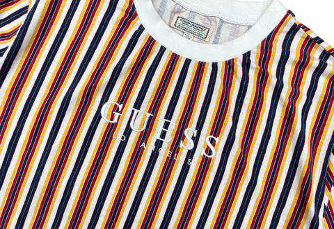  Vintage Guess Originals Los Angeles Striped Embroidered Logo Tee White Yellow Red 