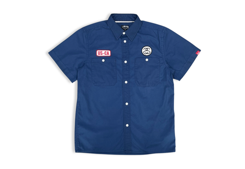  Vintage 90s Stussy Short Sleeve Work Shirt Navy 