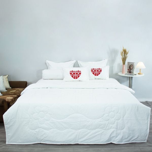  Bộ Ga Bọc Cotton Chữ Hỷ Trắng (T300) 