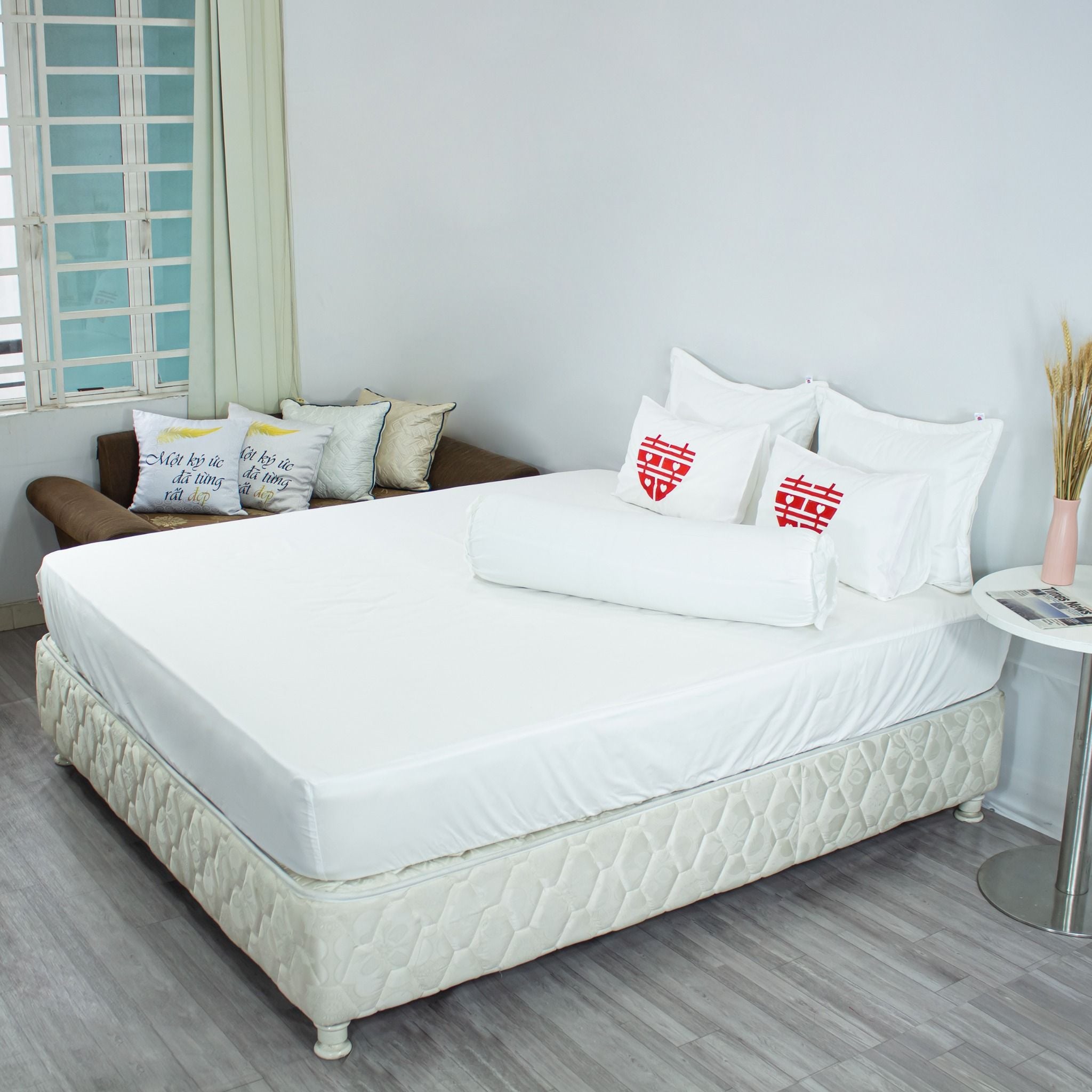  Bộ Ga Bọc Cotton Chữ Hỷ Trắng (T300) 