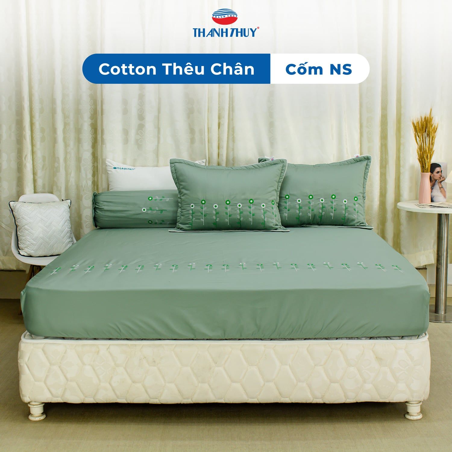  Bộ Ga Bọc Cotton Thêu Chân Màu Cốm (NS) 
