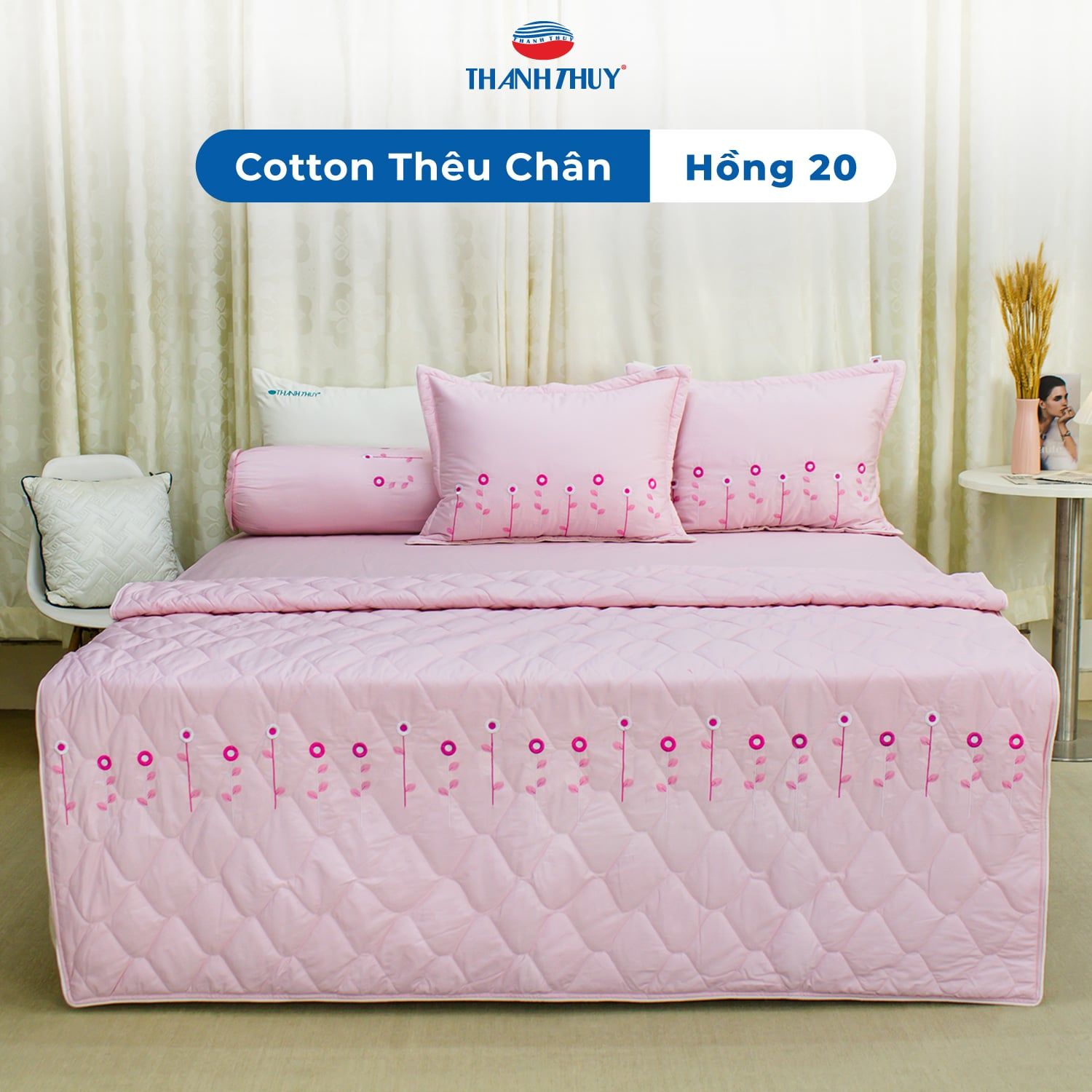  Bộ Ga Bọc Cotton Thêu Chân Màu Hồng (20) 