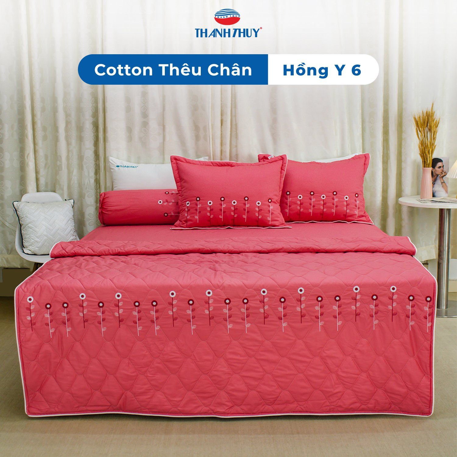  Chăn Lẻ Cotton Thêu Chân Màu Hồng y (6) 