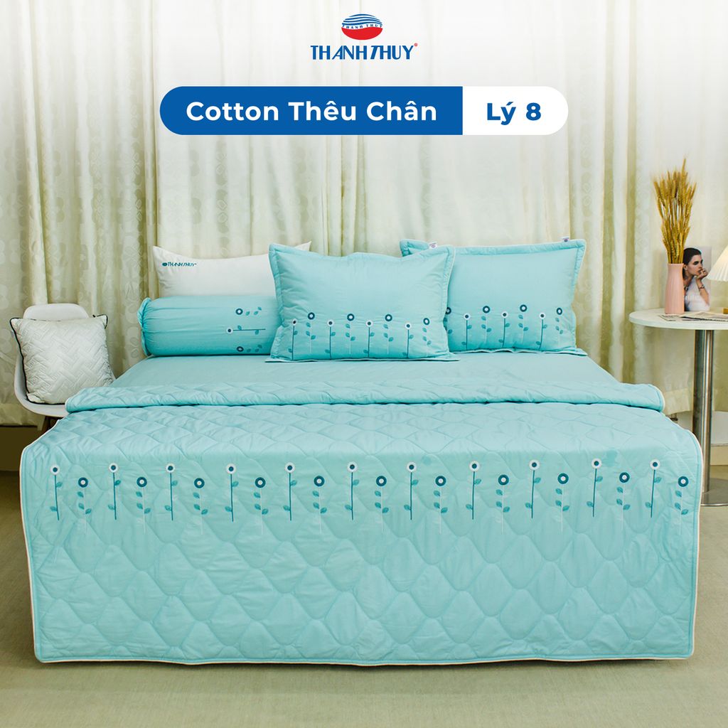  Bộ Ga Bọc Cotton Thêu Chân Màu Xanh Ngọc (8) 