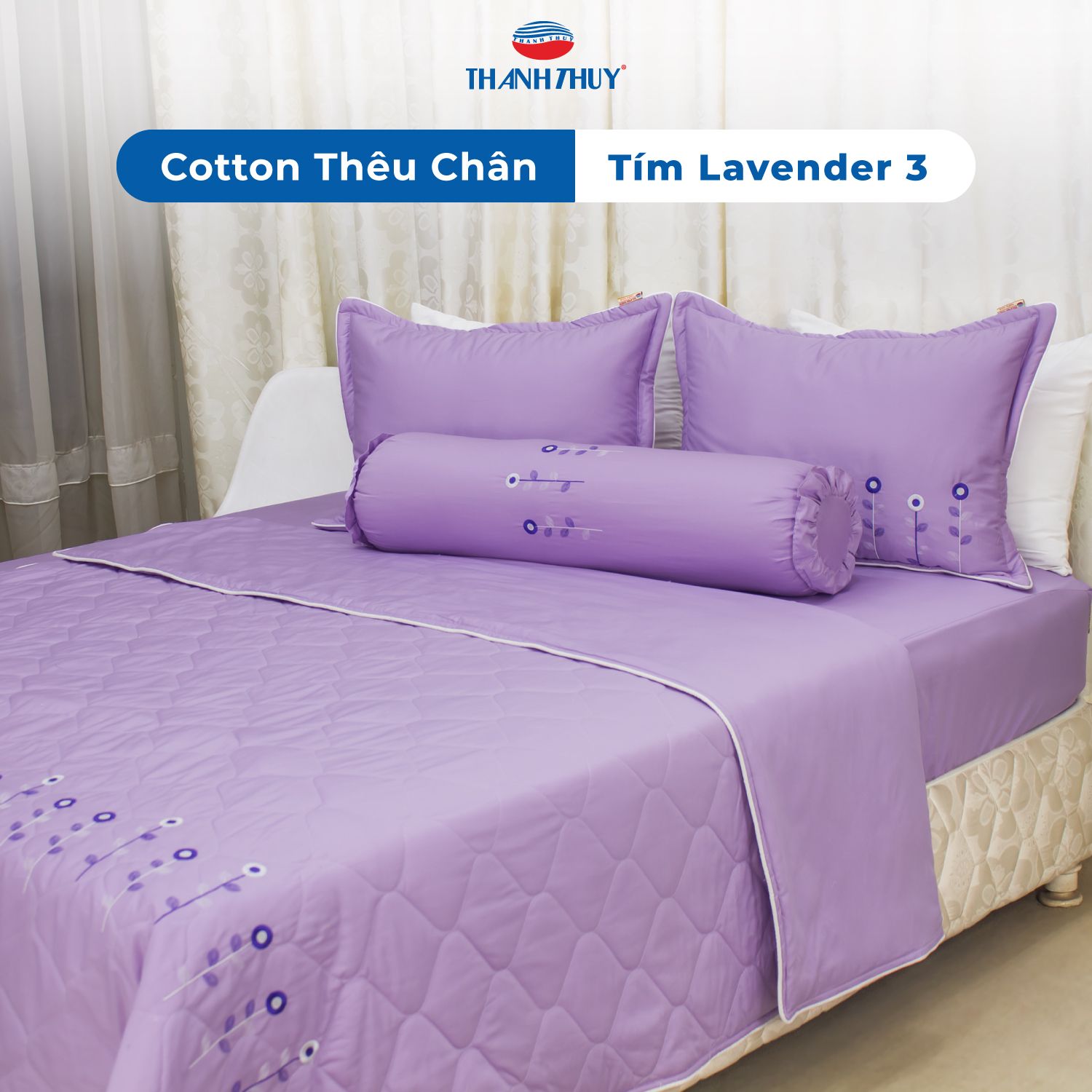  Bộ Ga Bọc Cotton Thêu Chân Màu Tím Lavender (3) 