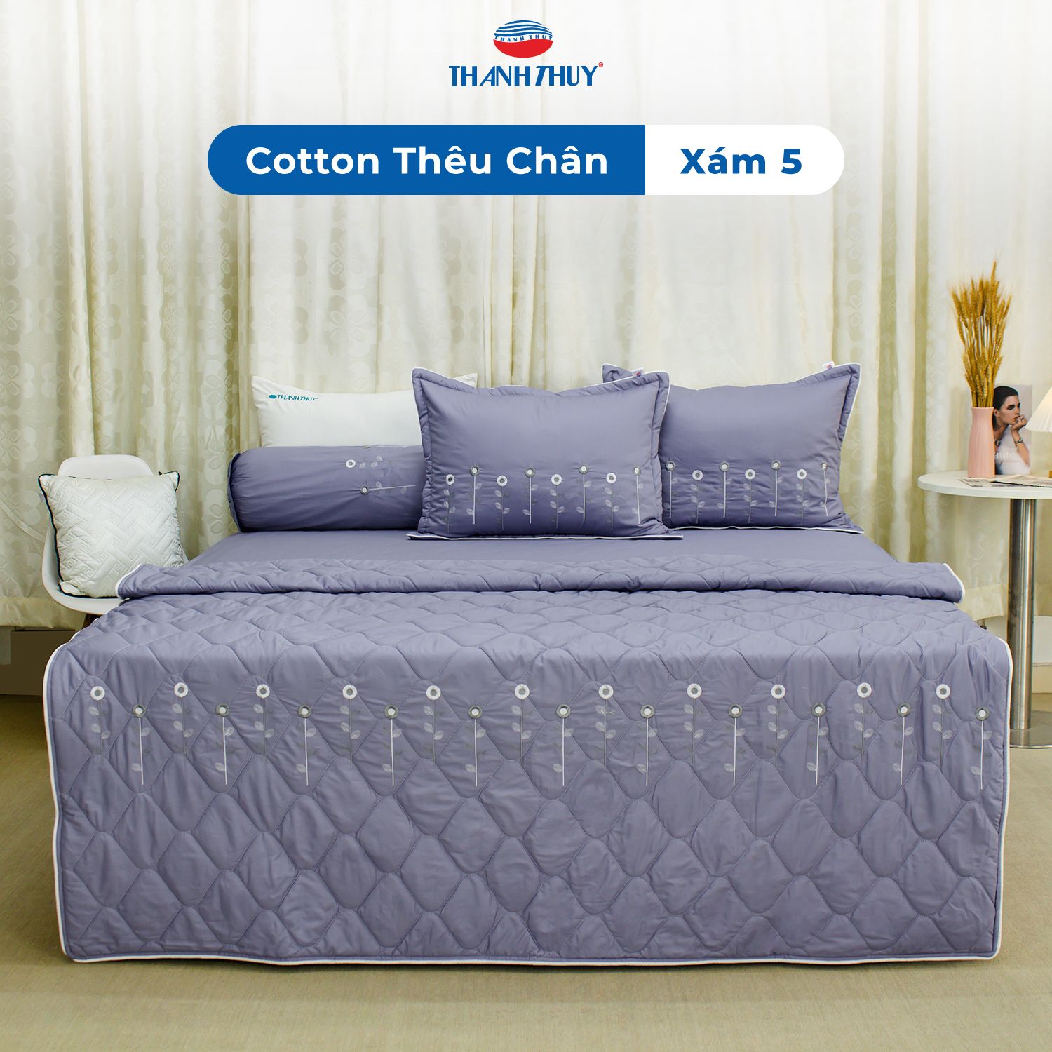  Bộ Ga Bọc Cotton Thêu Chân Màu Xám (5) 