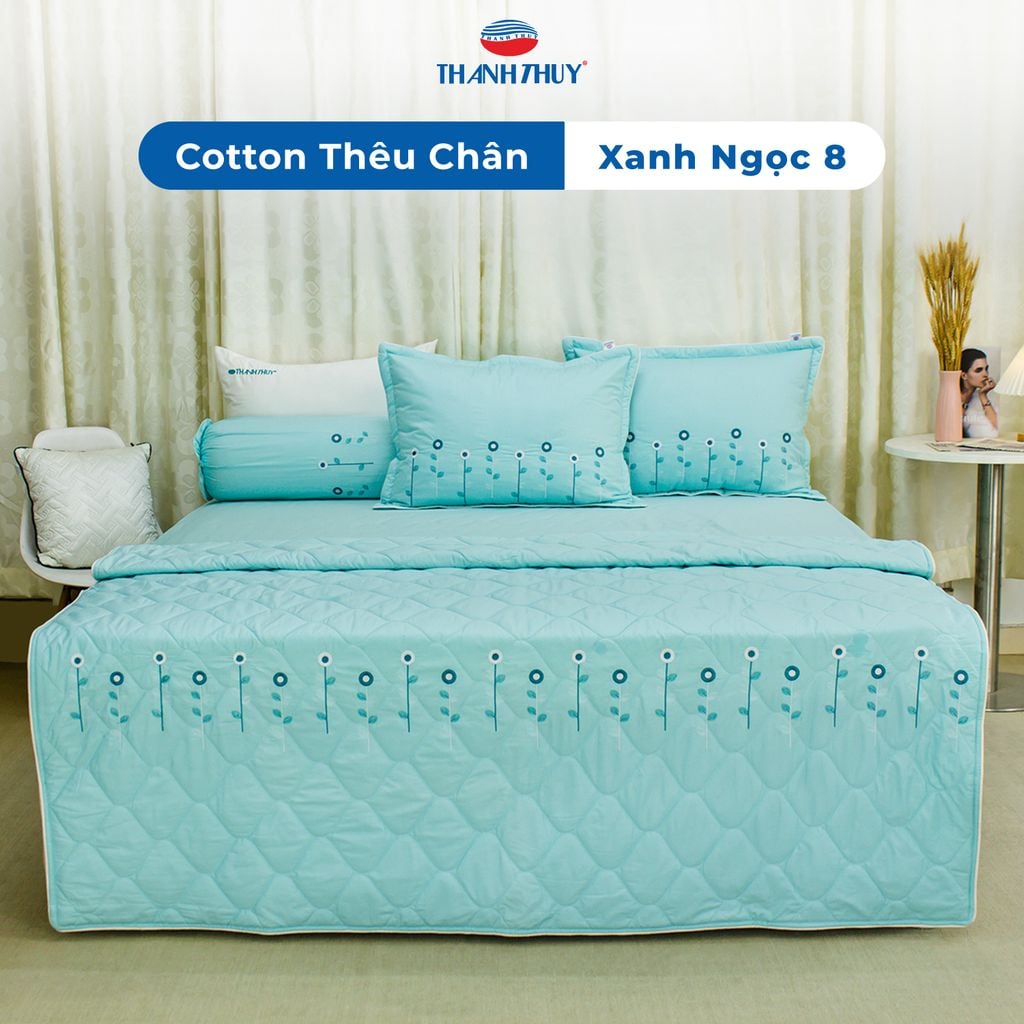  Chăn Lẻ Cotton Thêu Chân Màu Xanh Ngọc (8) 